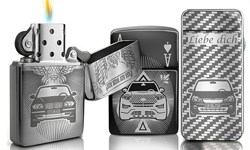Stainless steel engraved lighters featuring personalized car designs for car lovers