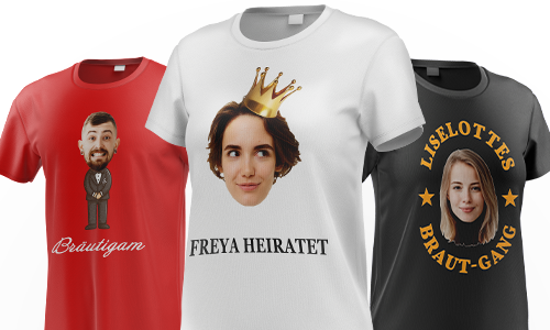 Drei personalisierte Hochzeits-T-Shirts – Bräutigam-Karikatur, Braut mit Krone und „Bride Gang“-Design mit Sternen.