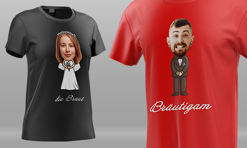 Dos camisetas de boda – novia en caricatura con 'la novia' y novio con 'el novio' en letra negrita.