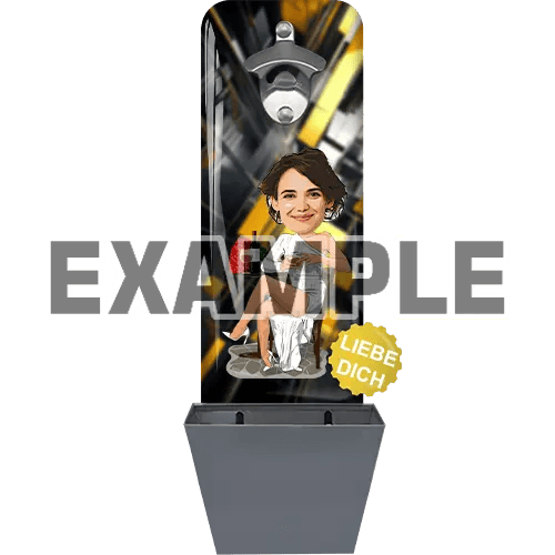 Apriscatole da parete personalizzato con raccoglitore di tappi, stile fumetti, realizzato con il volto del cliente