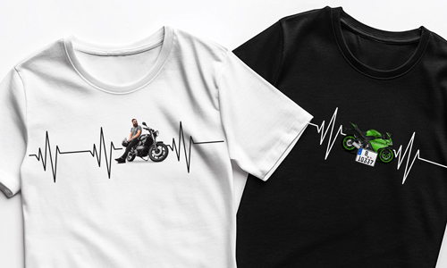 Personalizowana koszulka dla motocyklisty ze zdjęciem motocykla i tablicą rejestracyjną