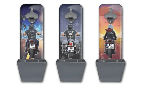 Abrebotellas de pared personalizado con moto y nombre