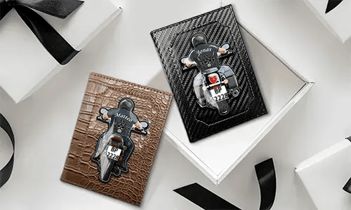 Vehicle registration document cover for motorcycle with son's name and license plate number