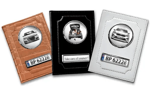 Standard car document holder with car/photo and license plate for yourself