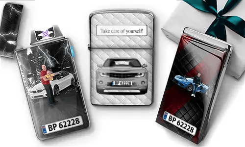 Three personalized lighters featuring different car-related designs. The center lighter reads 