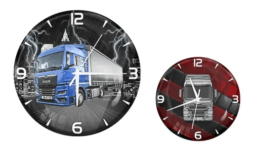 Zwei Wanduhren mit LKW-Motiven: links mit blauem Truck und Blitz-Stadtkulisse, rechts mit weißem Truck und dunkelrotem Hintergrund