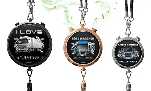Three truck-themed pendants with chains: black with 