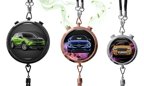 Three pendant-style frames with car images: black with green SUV, rose gold with blue Mercedes, silver with white car
