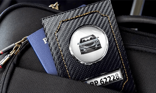 Car documents holder black with blue car and the passport