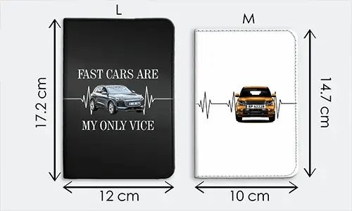 To notesbogscovere L og M: Sort 17,2x12 cm med bil og FAST CARS citat, Hvid 14,7x10 cm kun med bilgrafik