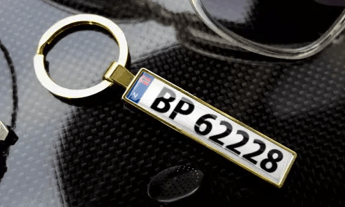 Goldfarbener Kennzeichen-Schlüsselanhänger mit graviertem Text in poliertem Metallrahmen