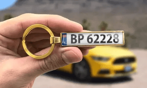 Spesiallaget gullnøkkelring viser graverte nummerskilt