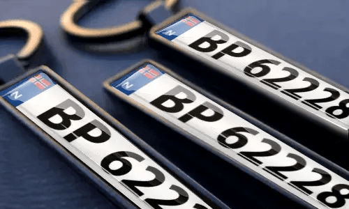 Gepersonaliseerde nummerplaat sleutelhangers met gegraveerde nummers en eigen tekst in metalen frames