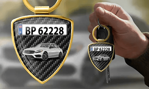 Shield photo keychain with custom car photo and license plate