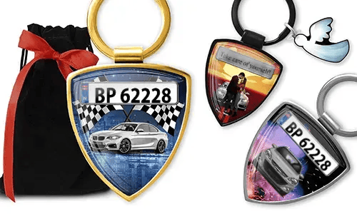 Shield photo keychains with personalized car designs
