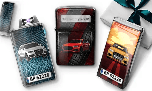 Three car-themed lighters: silver Audi SUV on blue snakeskin background, red sports car with 