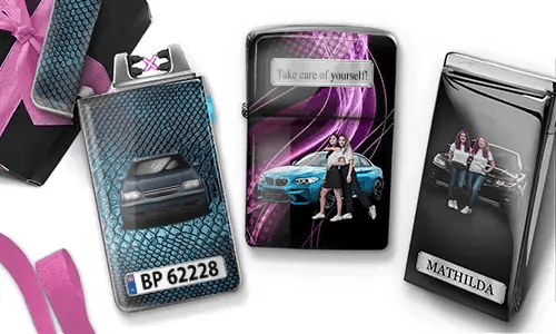Three custom electronic lighters with car-themed photo prints: blue BMW with 
