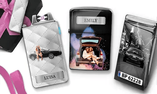 Three personalized lighters featuring car images and names 