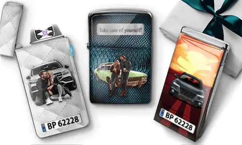 Custom cigarette cases with personalized images and license plates. Features couples with cars, a gift box, and a sign reading 