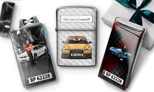 Three personalized lighters featuring different car-related designs. The center lighter reads 