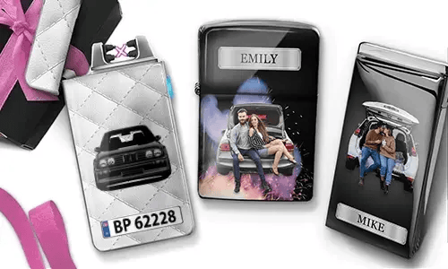 Three personalized cigarette cases are displayed. The first shows a car with a license plate. The second features a couple sitting on a car, labeled 