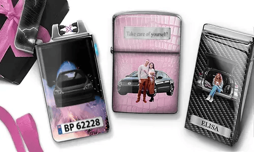 Three custom lighters with romantic car-themed designs: woman in trunk, couple in front of car, carbon-style car