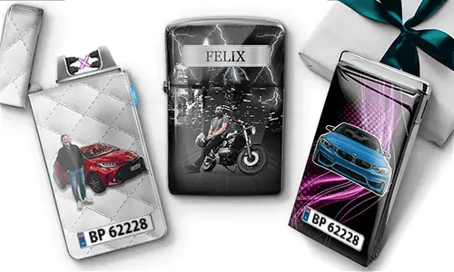 Personalized cigarette cases with different designs. One shows a man near a red car, another features a motorcyclist, and the last displays a blue car with a dynamic background.