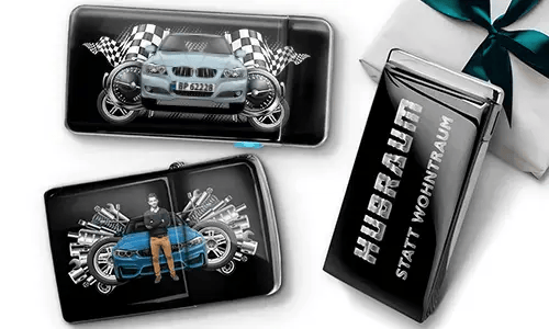 Gift set featuring car-themed metal cases with images of a green sports car, checkered flags, and engine motifs. Includes a 