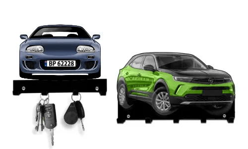 Two car-shaped key holders: red sedan and green-black SUV, both with hooks for hanging keys