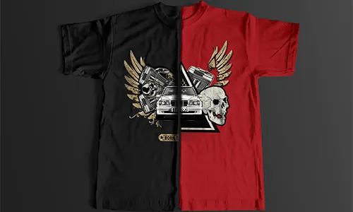 Split graphic with silver car, skulls, pistons, golden wings, and partial BORN T banner on black and red background