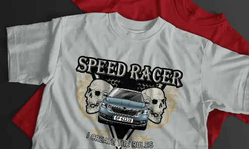 White T-shirt with SPEED RACER text, silver BMW graphic, two skulls, yellow ornaments, and black background