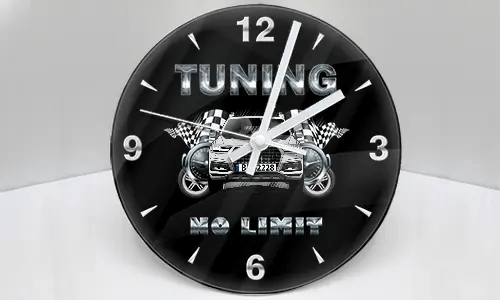 Wall clock with stylized car, checkered flags, and metallic TUNING NO LIMIT text on black background