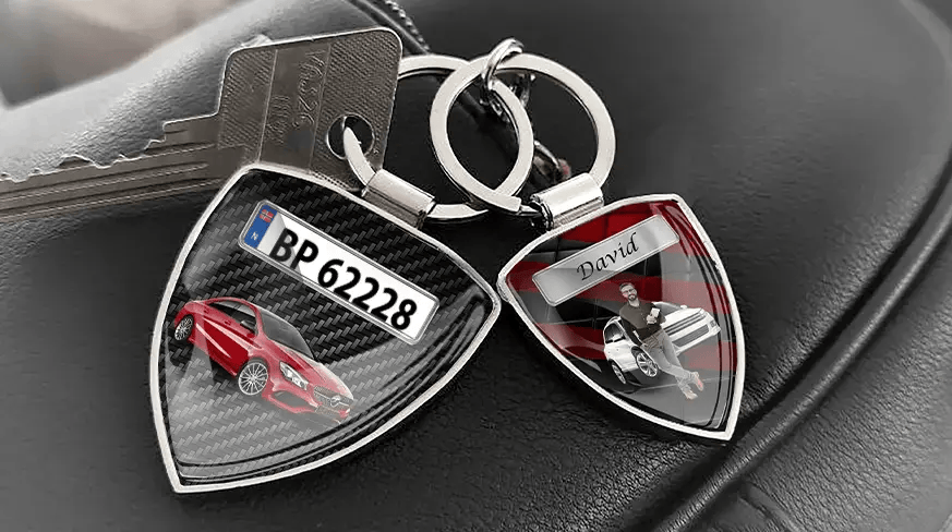 Custom shield photo keychains with personalized car photos
